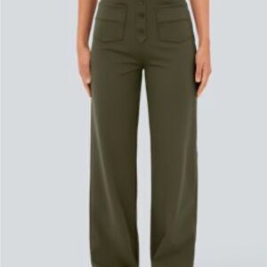 HALARA Olive Green Wide-Leg High-Waist Pants with Patch Pockets